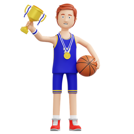 Campeão de jogador de basquete segurando o troféu de ouro  3D Illustration