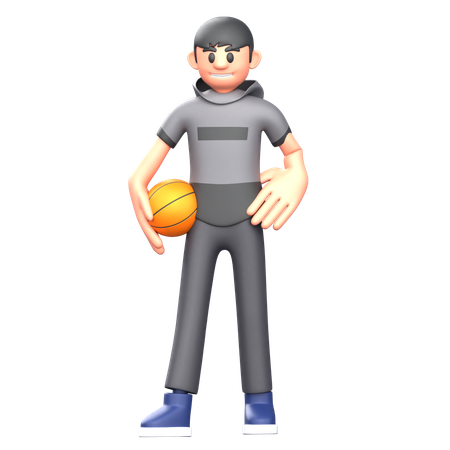 Jogador de basquete em pé com bola de basquete  3D Illustration