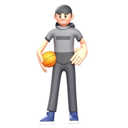 Jogador de basquete em pé com bola de basquete  3D Illustration