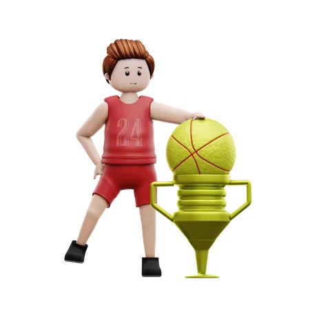 Jogador de basquete em pé com troféu de campeão  3D Illustration