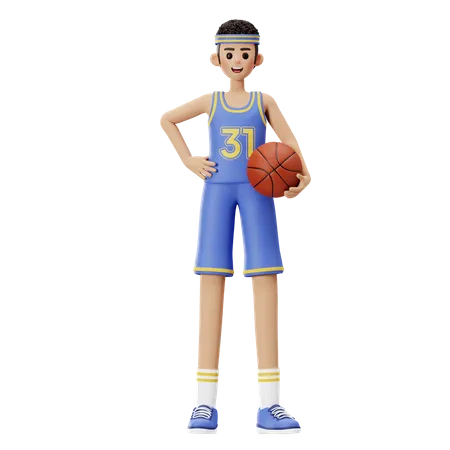 Jogador de basquete em pé segurando uma bola de basquete  3D Illustration