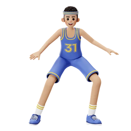 Jogador de basquete fazendo posição de defesa  3D Illustration