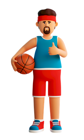 Jogador de basquete fica com bola e mostra polegares para cima  3D Illustration
