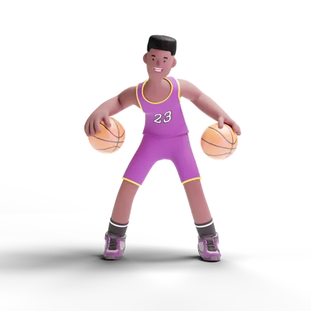 Jogador de basquete jogando com duas bolas de basquete  3D Illustration