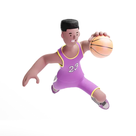 Jogador de basquete pulando com bola na mão  3D Illustration