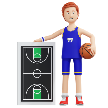 Jogador de basquete segurando uma bola e um quadro de estratégia  3D Illustration