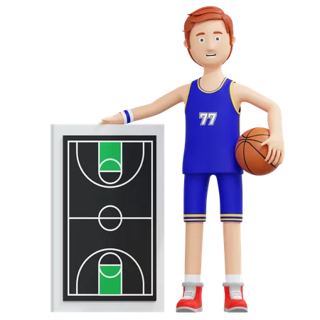 Jogador de basquete segurando uma bola e um quadro de estratégia  3D Illustration