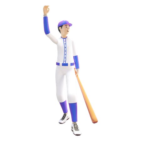 Jogador de beisebol segurando o taco de beisebol e acenando com a mão  3D Icon