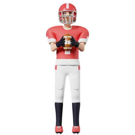 Jogador de futebol americano segura uma bola com as duas mãos  3D Illustration