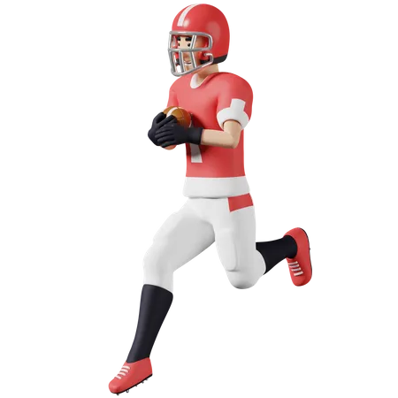 Jogador de futebol americano segura uma bola e pula  3D Illustration