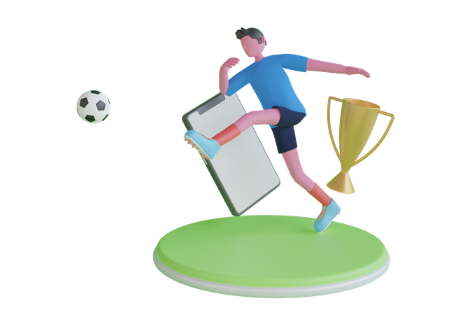 Jogador de futebol chuta a bola no campo de futebol  3D Illustration