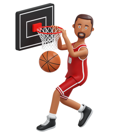 Jogador profissional de basquete salta e segura o anel de basquete  3D Illustration