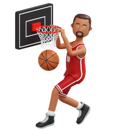 Jogador profissional de basquete salta e segura o anel de basquete  3D Illustration