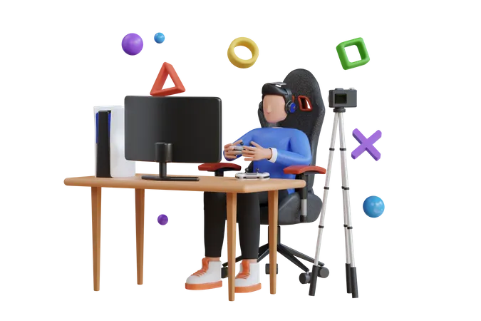 Jogador profissional sentado em uma cadeira de jogo e fazendo transmissão ao vivo  3D Illustration