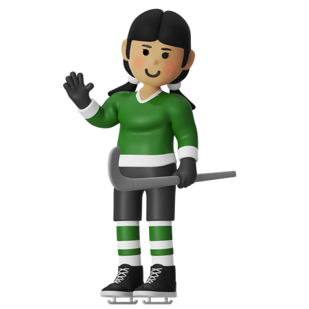 Jogadora de hóquei segurando uma bola de hóquei e cumprimentando  3D Illustration