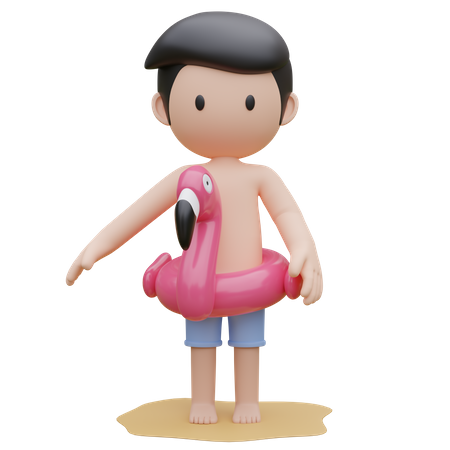 Joli garçon portant un anneau en caoutchouc Flamingo sur la plage en été  3D Illustration