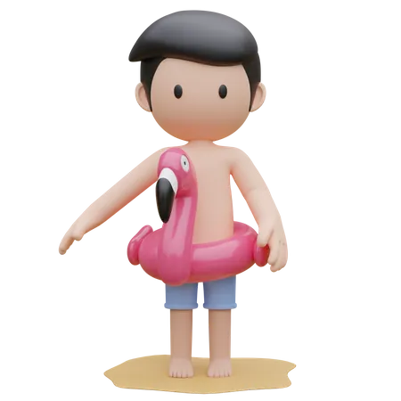 Joli garçon portant un anneau en caoutchouc Flamingo sur la plage en été  3D Illustration