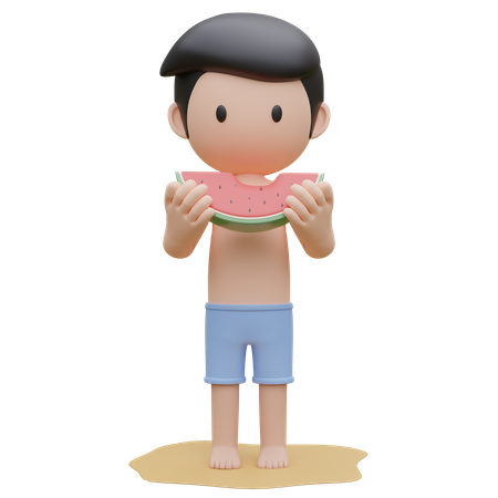 Garçon mignon tenant une pastèque sur la plage en été  3D Illustration