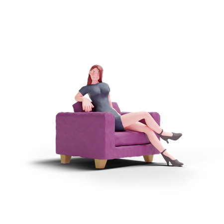Jolie femme en robe assise sur un canapé  3D Illustration