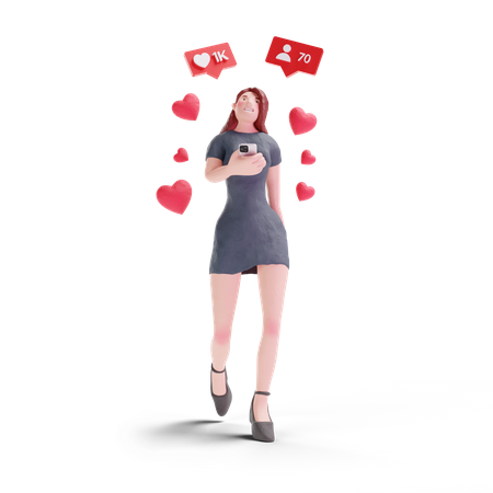 Jolie femme en robe qui reçoit des likes et est suivie sur les réseaux sociaux  3D Icon