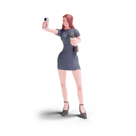 Jolie femme en robe selfie avec café  3D Icon