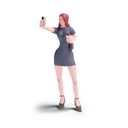 Jolie femme en robe selfie avec café  3D Illustration