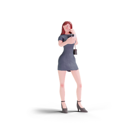 Jolie femme en robe utilisant le téléphone  3D Illustration