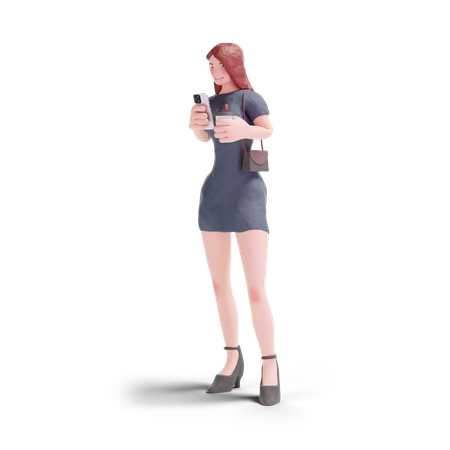 Jolie femme en robe utilisant un téléphone avec du café  3D Illustration