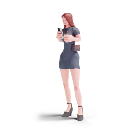Jolie femme en robe utilisant un téléphone avec du café  3D Icon