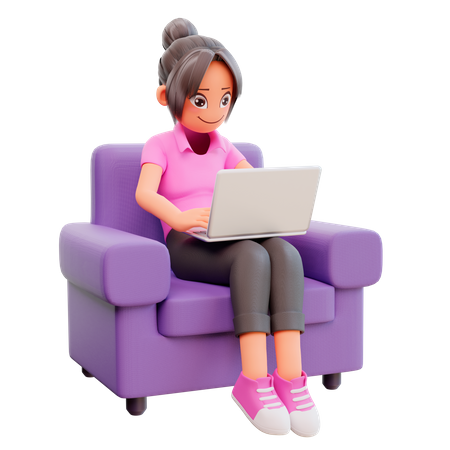 Jolie fille assise sur le canapé et travaillant sur un ordinateur portable  3D Illustration
