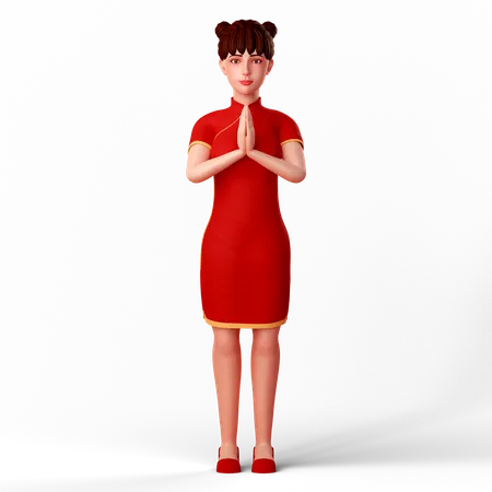 Une jolie fille chinoise plie la main en guise de pose de bienvenue  3D Illustration
