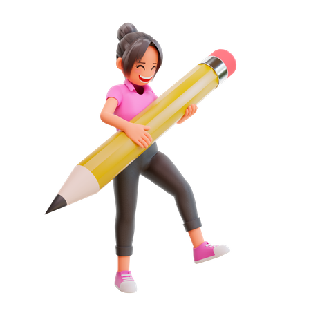 Jolie fille tenant un gros crayon  3D Icon