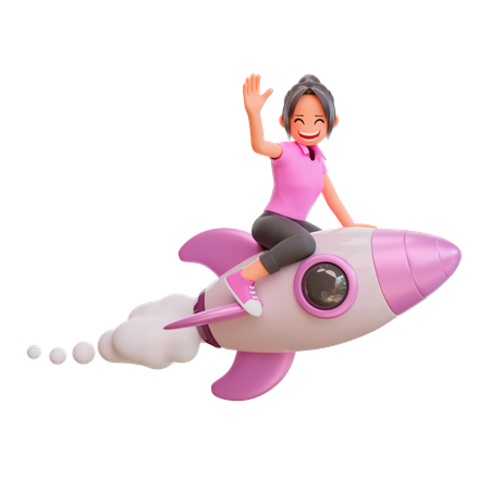 Jolie fille volant sur une fusée  3D Illustration