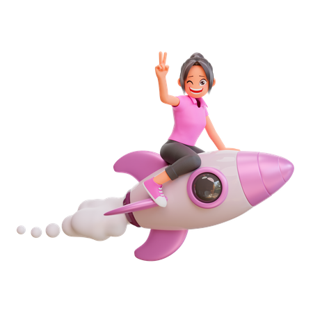 Jolie fille volant sur une fusée et montrant le signe de la victoire  3D Icon