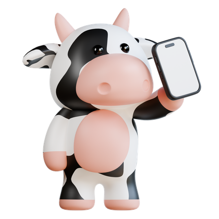 Une vache mignonne apporte un smartphone  3D Illustration