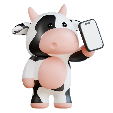 Une vache mignonne apporte un smartphone  3D Illustration