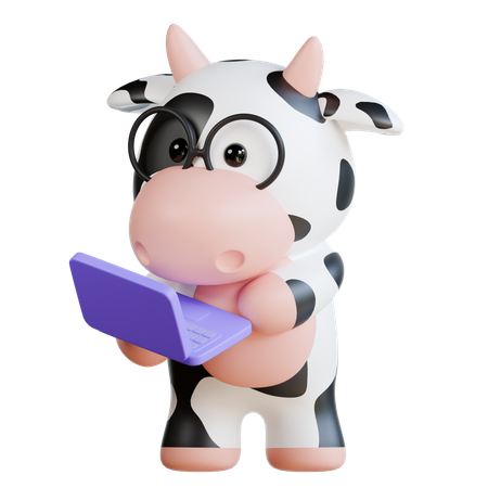 Une jolie vache apporte un ordinateur portable  3D Illustration