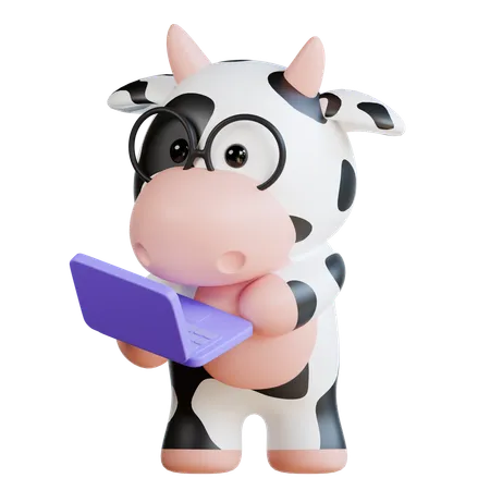 Une jolie vache apporte un ordinateur portable  3D Illustration