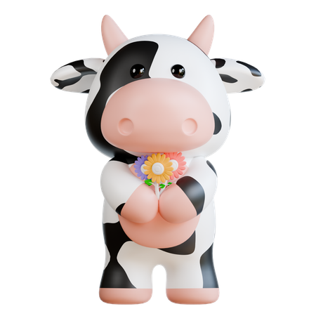 Une jolie vache apporte des fleurs  3D Illustration