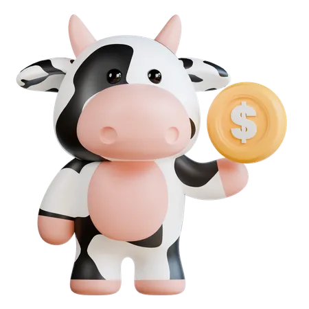 Vache mignonne avec une pièce de monnaie  3D Illustration