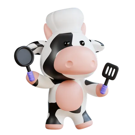 Une jolie vache en train de cuisiner dans la cuisine  3D Illustration