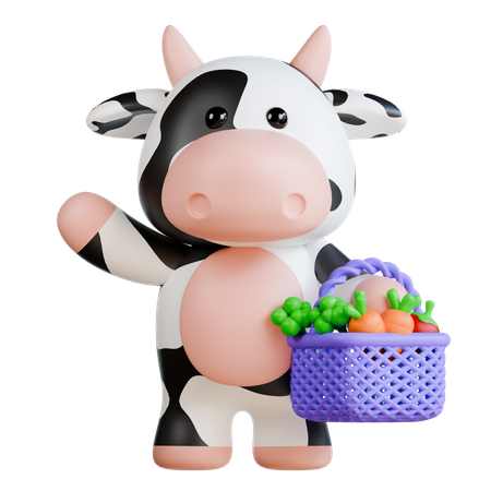 Jolie vache portant un panier de légumes  3D Illustration