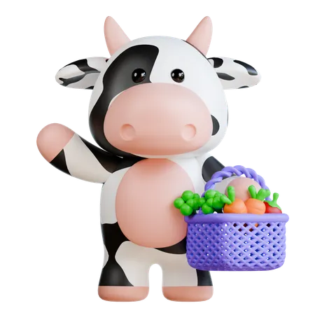 Jolie vache portant un panier de légumes  3D Illustration