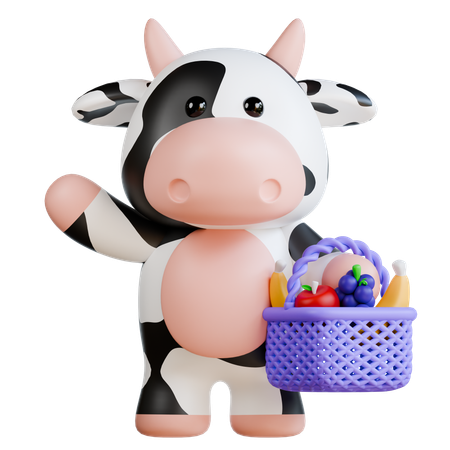 Vache mignonne tenant un panier de fruits  3D Illustration