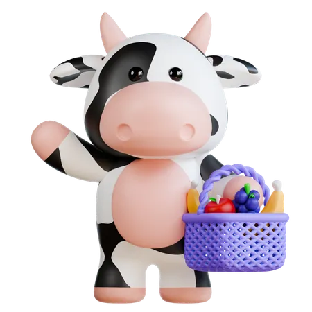 Vache mignonne tenant un panier de fruits  3D Illustration