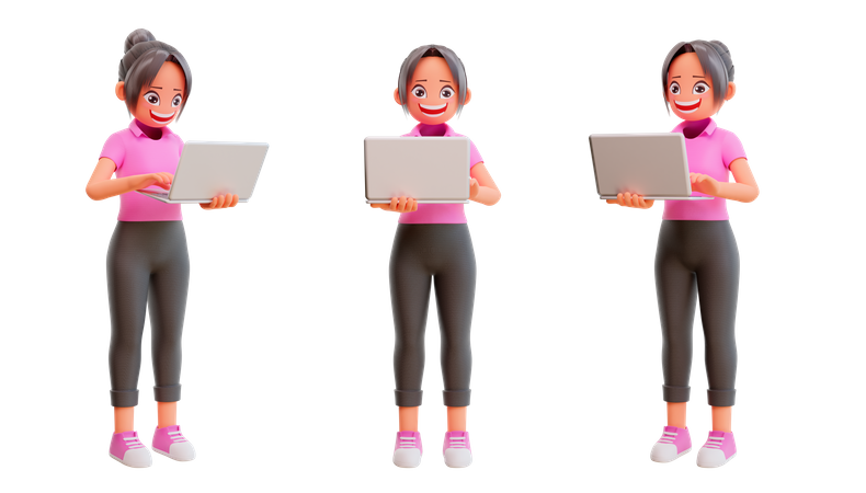 Jolies filles travaillant sur un ordinateur portable  3D Icon