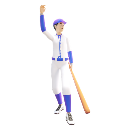 Joueur de baseball tenant une batte de baseball et agitant la main  3D Illustration