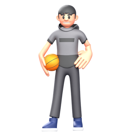 Joueur de basket debout avec un ballon de basket  3D Illustration