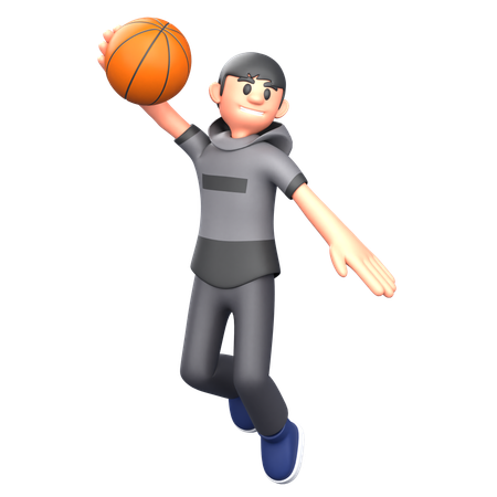 Joueur de basket-ball sautant avec un ballon de basket  3D Illustration