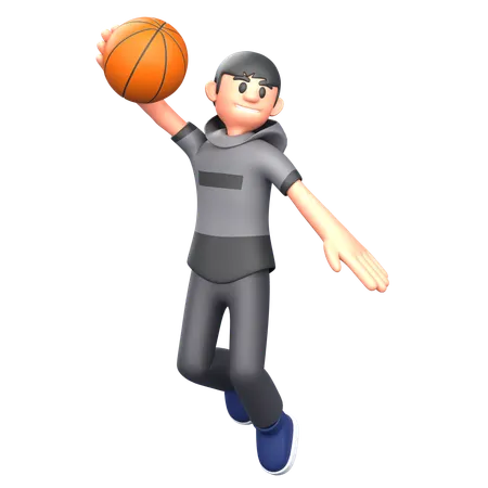 Joueur de basket-ball sautant avec un ballon de basket  3D Illustration